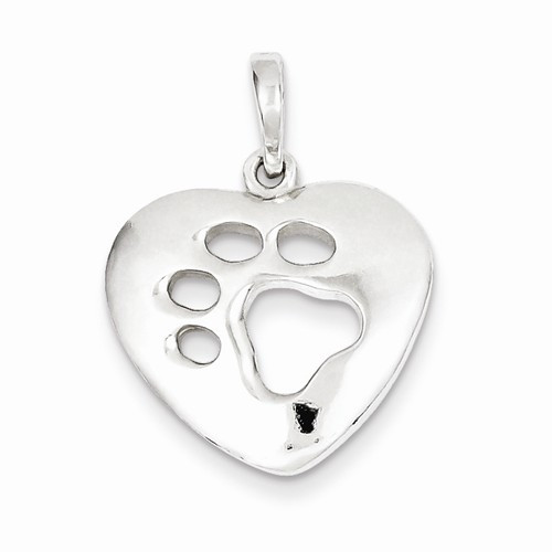 Sterling Silver Polished Heart with Paw Print Pendant